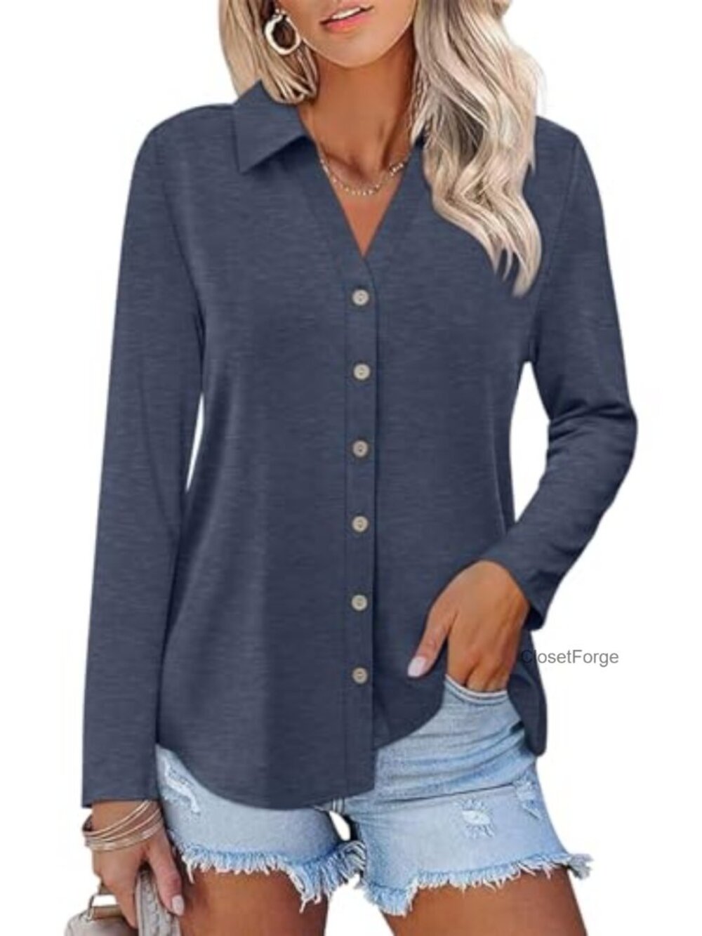 Women's Long Sleeve Button Down Tunic Shirt Casual V Neck Stretch Polyester
